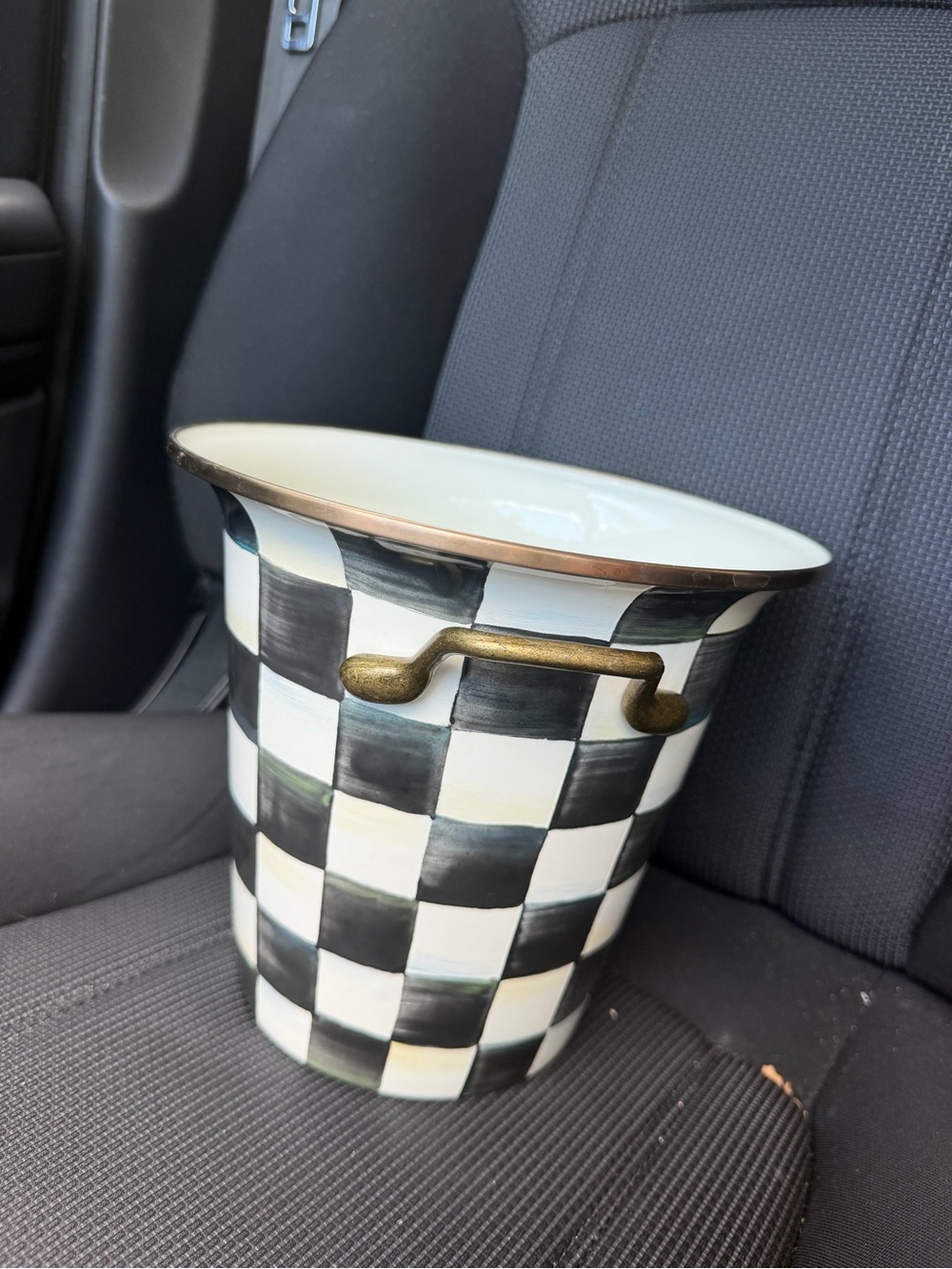 MacKenzie-Childs Black and White Checkered Ice Bucket with Brass Handles - Picture 4 of 4